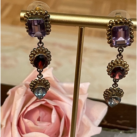Vintage amethyst, garnet and blue topaz earrings set in gold plated SS. - Picture 7 of 7